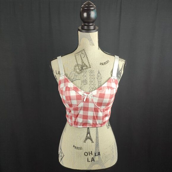 NWT Dollskill ♡ Current Mood ♡ Pink and White Gingham Bustier Crop Top - Picture 1 of 5